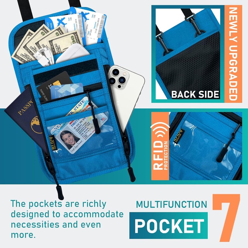 Sundee Travel Neck Wallet with Double Zippers, RFID Blocking Passport Holder with Adjustable Neck Strap for Men and Women to Keep Cash, Credit Cards and Travel Documents Safe - Lake Blue - Image 2